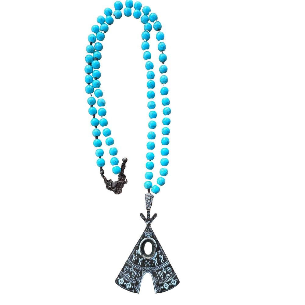 Vintage Jewelry Turquoise Dyed Howlite Necklace With Teepee pendant